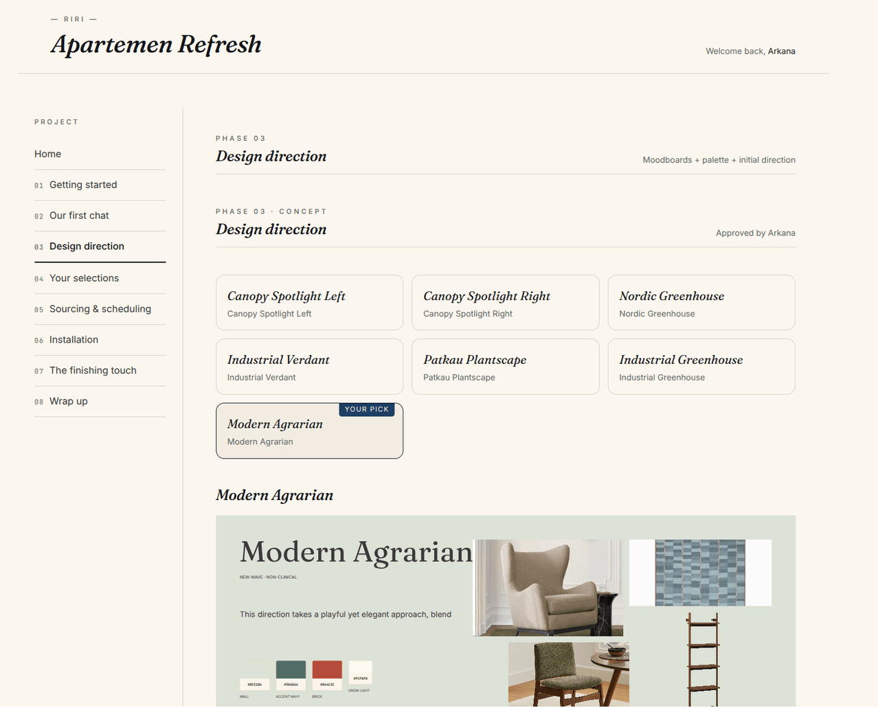 Quolen client portal concept showing a design direction phase with selectable moodboard options